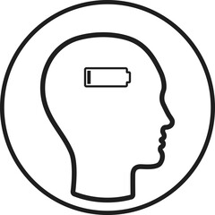 Human with empty battery in head. Burn out, overworking, exhaustion, fatigue, low energy and stress icon.