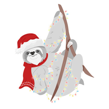 Funny sloth in Santa Claus hat got tangled in a New Year's garland. Adorable poster for Xmas party, good for t shirts, gifts, mugs or other designs. Winter Pajama decoration. Merry Christmas print.