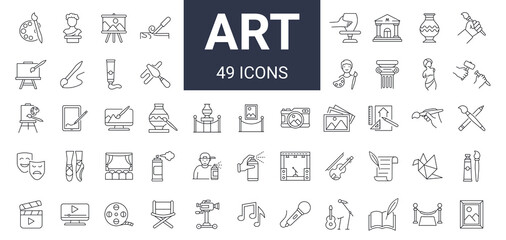 Set of 49 art and entertainment icons. Editable stroke - obrazy, fototapety, plakaty