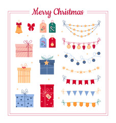 Cute Christmas and New Year collection of seasonal elements. Vector illustration on white background.
