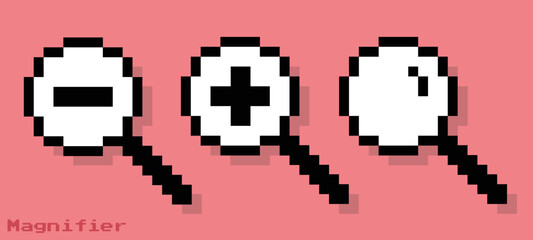 Pixel magnifying glass. Set. Search concept. Loupe. Vector illustration.zoom in.zoom out. pixel art.