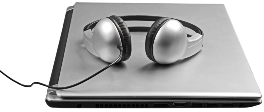 Computer white headphones with laptop  on white