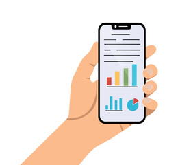 Hand holding smartphone with bar graphs and chart