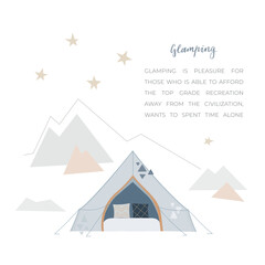 Glamour tipi, tent with cozy textile around wild nature, mountains, starry sky. Abstract background. Vector illustration for text