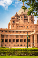 heritage king place with dramatic bright blue sky from flat angle