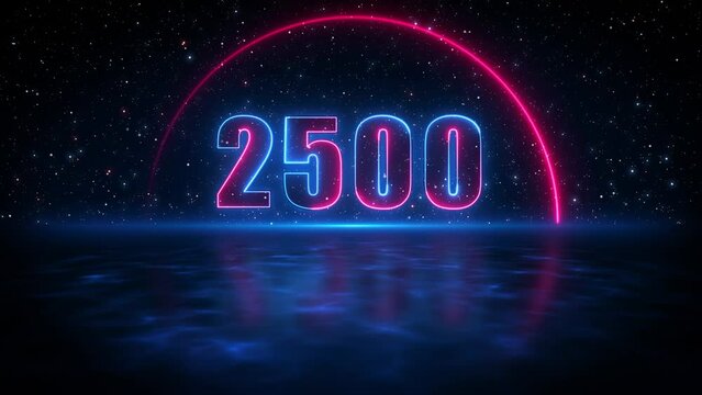 Futuristic Motion Blue Red Shine Number 2500 In Half Circle Lines Neon Sign With Light Reflection On Blue Water Surface Starry Night Sky Seamless Loop