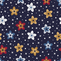 Allover printed floral seamless surface pattern of bunch of aesthetic flowers, polkadots and stars. Exquisite floral arrangement