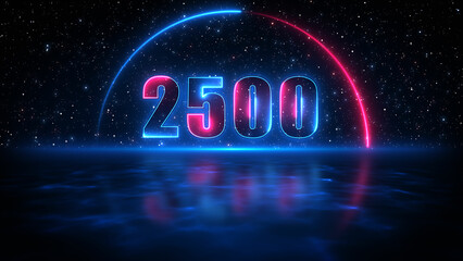 Futuristic Blue Red Shine Number 2500 In Half Circle Lines Neon Sign With Light Reflection On Blue Water Surface Starry Night Sky