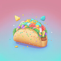 Cute Kawaii Food, Adorable Mexican Taco, Illustration in pastel colors, Food and Drink, Anime style, Sweet