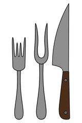 Cutlery. Kitchen knife, table fork, carving fork. Vector set of illustrations. Cartoon style. Collection of barbecue tools. Isolated background. Necessary items for serving a dinner table.