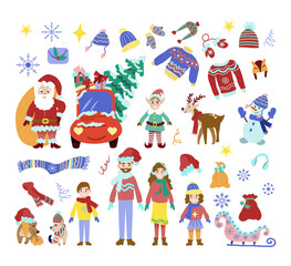Cute Christmas set of vector Christmas elements for design and characters in a flat cartoon style isolated on a white background. Family, Santa Claus, snowman, elf, deer, dogs