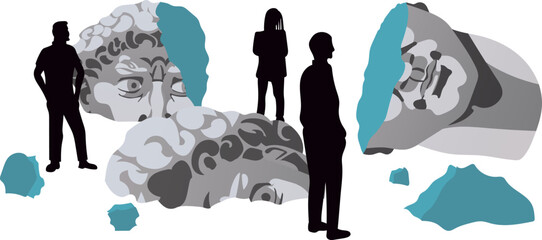 Illustration of the exhibition of the destroyed head of David. Fragments of an ancient statue are lying on the floor, and museum visitors walk around them. Exhibition of contemporary Art and Culture