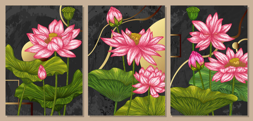 Set of three lotus flowers vector posters on a dark background with golden elements