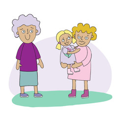 Mom holds her daughter in her arms. Grandma smiles. happy meeting