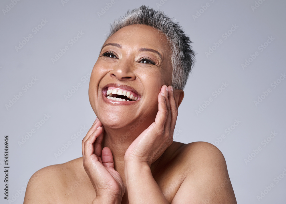 Sticker Face, beauty and skincare with a senior woman in studio on a gray background happy with an antiaging treatment. Wellness, cosmetics and skin with a mature female inside to promote natural facial care