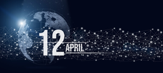 Obraz na płótnie Canvas April 12nd. Day 12 of month, Calendar date. Calendar day hologram of the planet earth in blue gradient style. Global futuristic communication network. Spring month, day of the year concept.