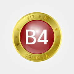 Vitamin B4 Icon structure circle brown, gold border. Pill complex, collagen serum chemical formula. Beauty treatment nutrition skin care design, healthy. Medical, scientific. 3D Vector EPS10.
