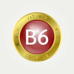 Vitamin B6 Icon structure circle brown, gold border. Pill complex, collagen serum chemical formula. Beauty treatment nutrition skin care design, healthy. Medical, scientific. 3D Vector EPS10.
