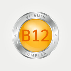 Icon structure vitamin B12 circle yellow, gold. silver border. Pill complex, collagen serum chemical formula. Beauty treatment nutrition skin care design, healthy. Medical, scientific. 3D Vector EPS10