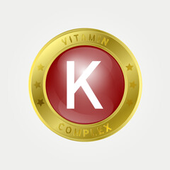 Vitamin K Icon structure circle brown, gold border. Pill complex, collagen serum chemical formula. Beauty treatment nutrition skin care design, healthy. Medical, scientific. 3D Vector EPS10.