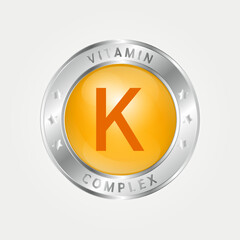 Icon structure vitamin K circle yellow, gold. silver border. Pill complex, collagen serum chemical formula. Beauty treatment nutrition skin care design, healthy. Medical, scientific. 3D Vector EPS10.