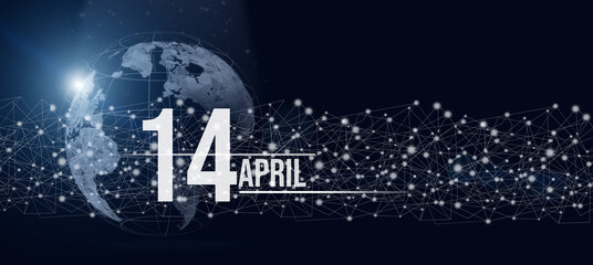 April 14th. Day 14 of month, Calendar date. Calendar day hologram of the planet earth in blue gradient style. Global futuristic communication network. Spring month, day of the year concept.