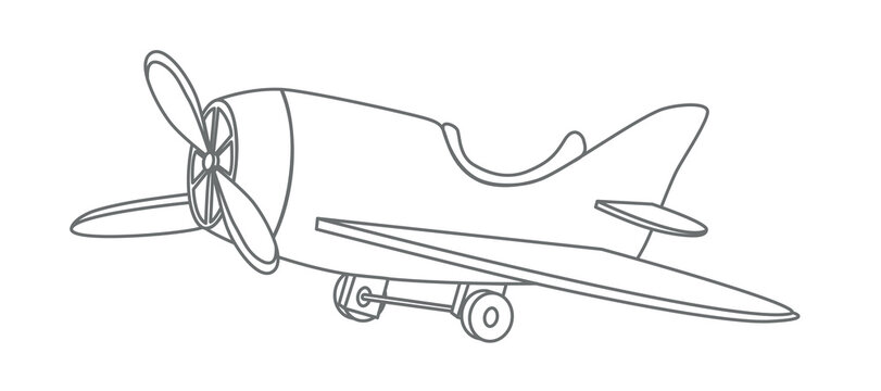 Kid Toy cute Plane. Baby boy airplane in cartoon outline style. Drawing of jet for coloring book or logo. Black line on isolated background. Hand drawn silhouette of vintage funny aeroplane.