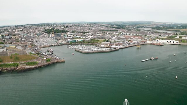 Plymouth Sutton Harbour with city behind in United Kingdom