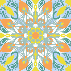 Various oriental colorful decorations combined to create seamless pattern illustration. Hand drawn graphic