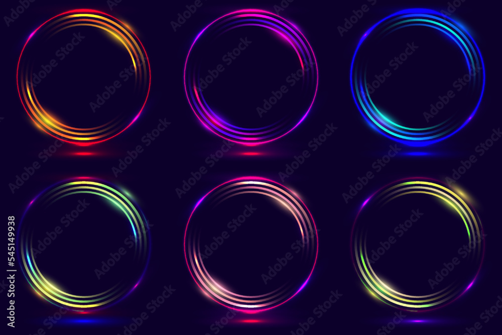 Wall mural set of glowing neon color circles round curve shapes isolated on black background technology concept