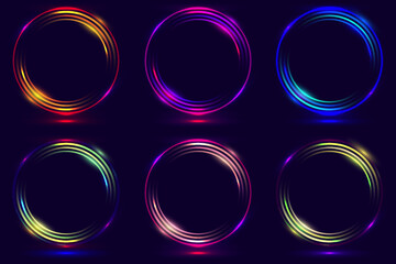 Set of glowing neon color circles round curve shapes isolated on black background technology concept