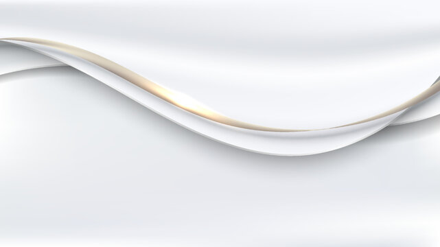 Abstract 3D luxury template white satin fabric with gold wave ribbon lines and lighting effect on clean background