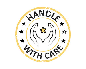 Handle with care grunge rubber stamp design with white background