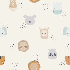 Seamless face pattern safari animals, digital paper, for surface design, kids clothing,
