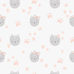 Seamless pattern of cat's face and flowers, digital paper, for surface design, kids clothing,