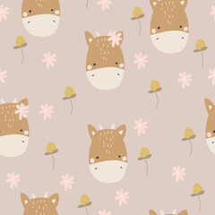 Seamless pattern baby cow and flowers, digital paper, for surface design, kids clothing