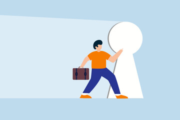 Secret of success, bright future of business opportunity, curiosity businessman reach out to the bright shining key hold and start walking to achieve business goal.