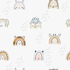 Seamless Animal Face Rainbow pattern, digital paper, for surface design, kids clothing, print