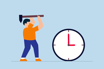 Time management, businessman manager or office worker using hammer to break the clock to manage time for projects deadline.