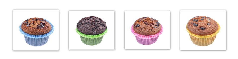 Muffins, homemade cupcakes in a paper tray. Muffin with jam. Chocolate chip muffin. Selective focus. Isolated white background