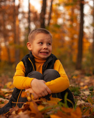 The boy in the autumn park sitting on the yellow foliage