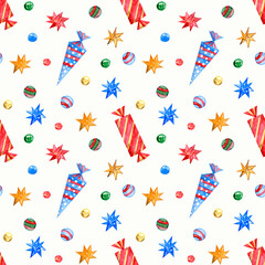Fototapeta premium Red and blue candies are scattered with confetti. Watercolor seamless pattern for your holiday. Simple and fun made in watercolor.Multicolored stars.