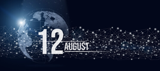 Naklejka premium August 12nd. Day 12 of month, Calendar date. Calendar day hologram of the planet earth in blue gradient style. Global futuristic communication network. Summer month, day of the year concept.