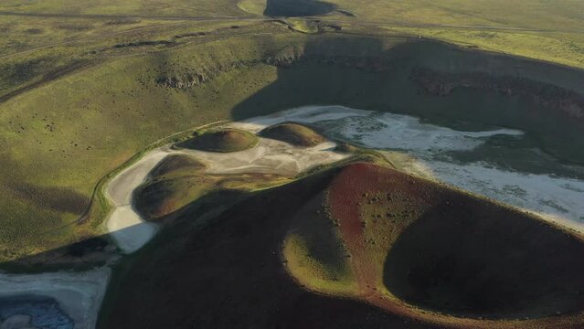 Aerial view of Meke crater lake in Turkey. A dormant volcano landscape 