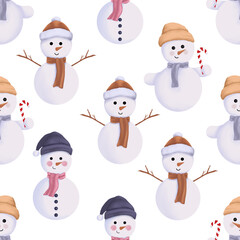 Seamless pattern with three Christmas snowman. Watercolor winter illustration isolated on transparent background.