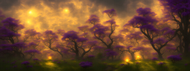 Magic forest landscape for holistic healing and alternative medicine relaxation 3D. Fantasy mystery relax background 8K