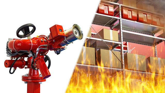 Burning warehouse. Fire safety system. Warehouse fire extinguishing equipment. Fire hydrant for water supply under pressure. Racks of boxes are engulfed in flames. Warehouse security concept © Grispb