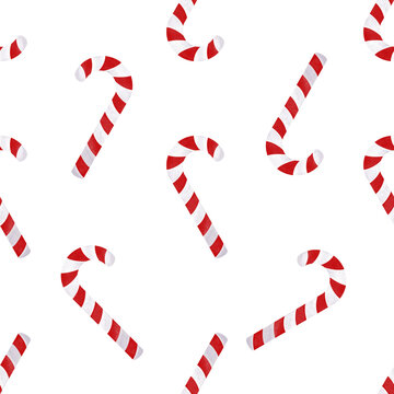 Seamless pattern with Christmas candy cane. Watercolor Christmas illustration isolated on transparent background.