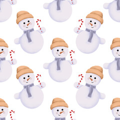 Seamless pattern Christmas snowman. Snowman in a brown beanie hat and scarf. Watercolor winter illustration isolated on transparent background.