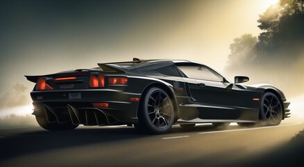 sports car, jungle, nature , detailed,sunray